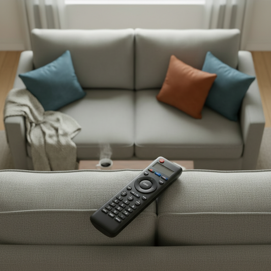 Black universal TV remote control on sofa