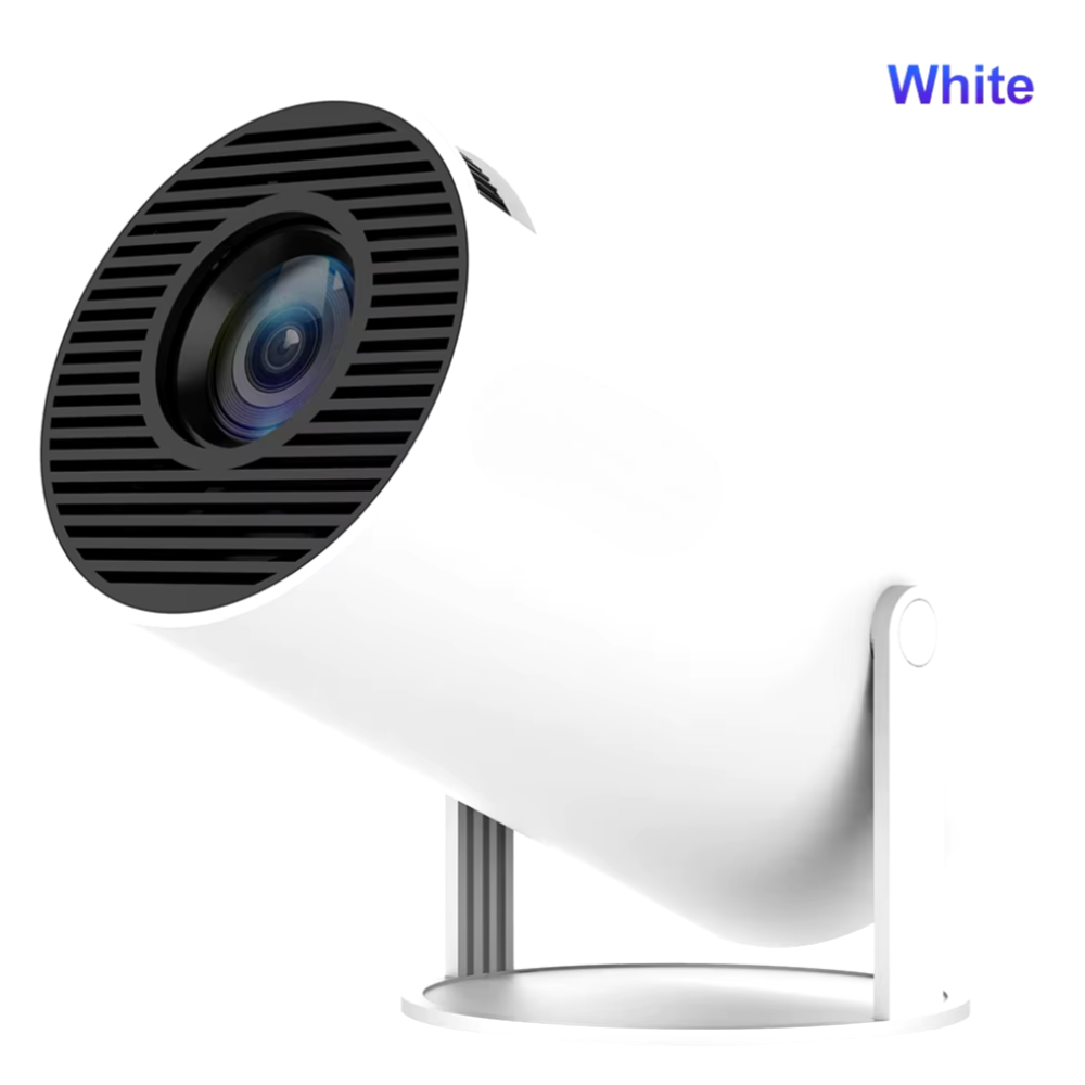 White CineCast™ HY300 PRO Smart Projector – 4K Ready. WiFi 6 Fast. Theater Anywhere with a sleek, modern design and adjustable stand for versatile home electronics use.