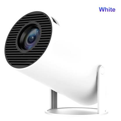 White CineCast™ HY300 PRO Smart Projector – 4K Ready. WiFi 6 Fast. Theater Anywhere with a sleek, modern design and adjustable stand for versatile home electronics use.